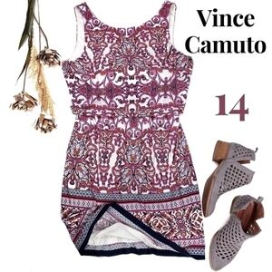 Vince Camuto Pink White Boho Print V-Back Dress Size 14